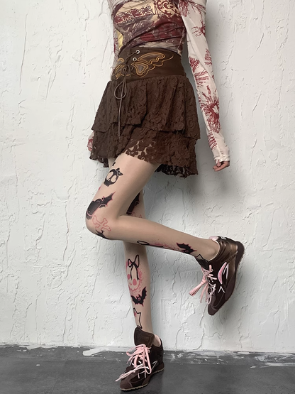 Print Skull Y2K Tights Sweet Nude Heart and Grunge