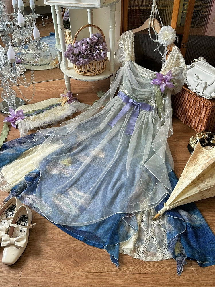 Artistic Print Empire Waist Lolita Gown with Cowl Neckline - Magic Skirt Cat