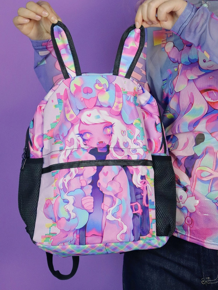 Pink Y2K Backpack with Cartoon Print and Bunny Ear Accents