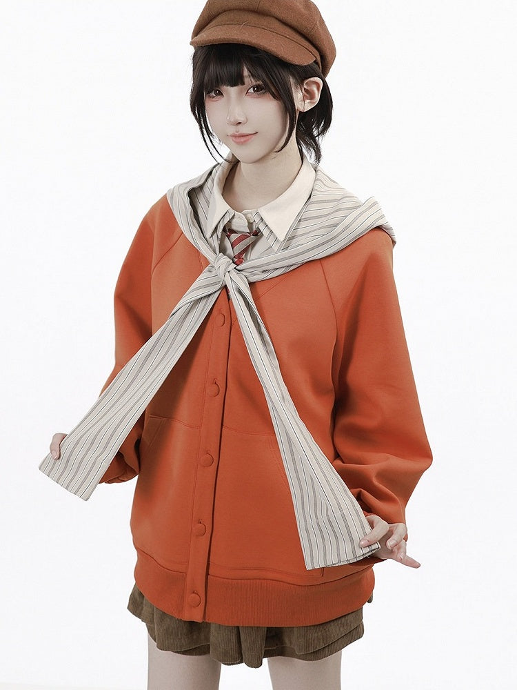 Kawaii Orange V-Neck Fall Jacket with Removable Striped Hood - PINK SAVIOR