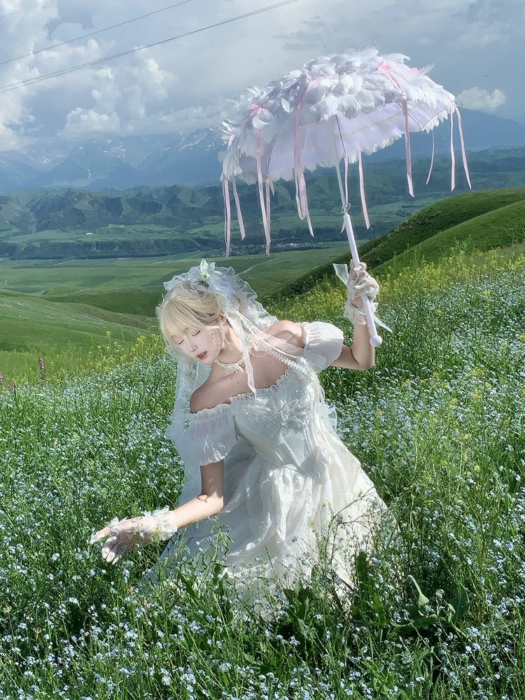 White Butterfly Motif Puff Sleeve Lolita Top and Asymmetrical Hem Skirt Set - Sweet Wood Lolita