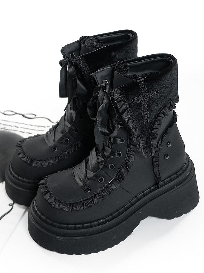 Ruffle Chunky Black Gothic Accents Dual Platform Closure Boots with