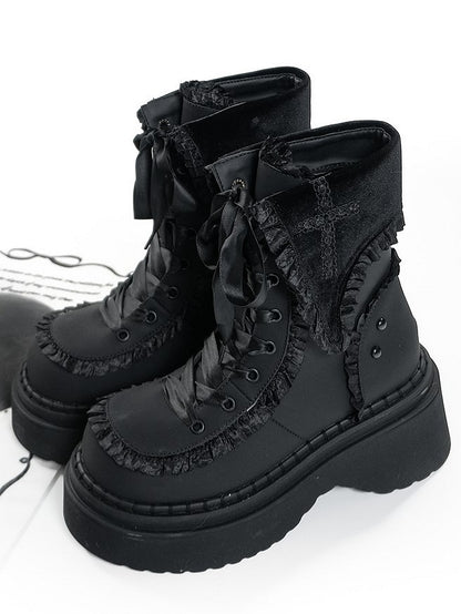Ruffle Chunky Black Gothic Accents Dual Platform Closure Boots with