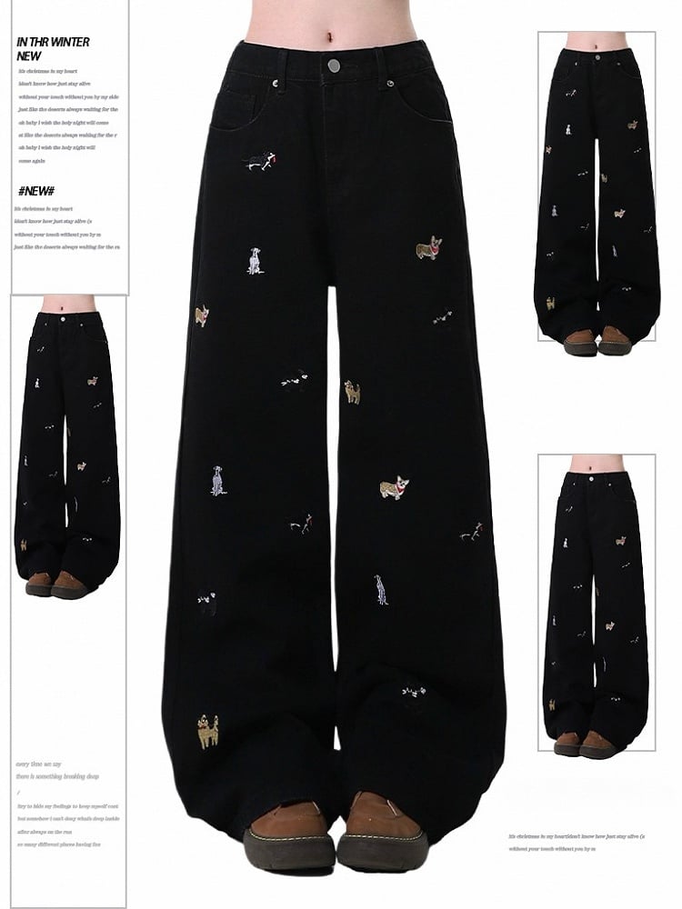 Embroidered Design Black/Blue Straight-Leg Jeans Dog