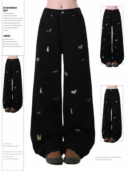 Embroidered Design Black/Blue Straight-Leg Jeans Dog
