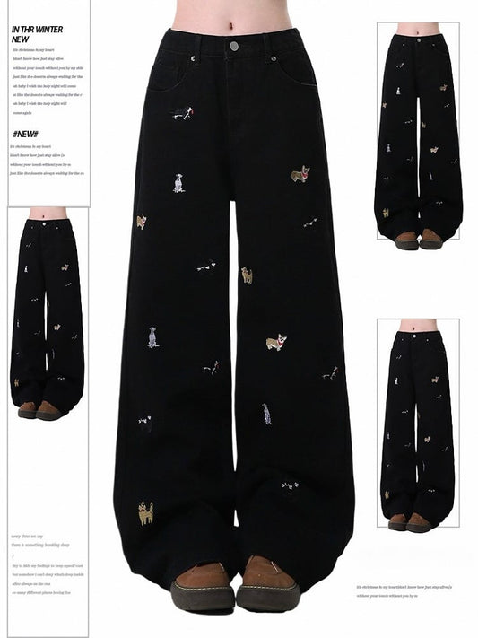Embroidered Design Black/Blue Straight-Leg Jeans Dog