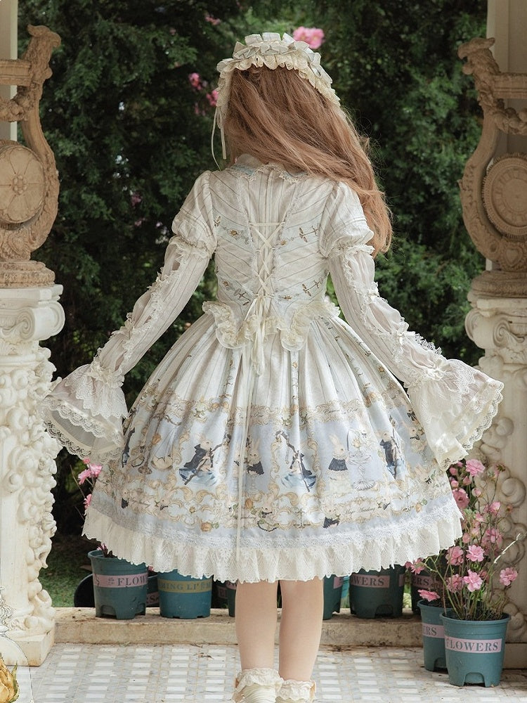 Rabbit Print OP with Detachable Striped Sleeves - Stars Fall on the Foggy Island