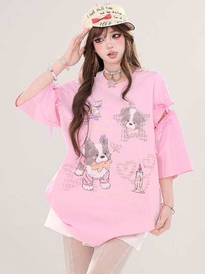 ピンク/アプリコットの漫画の子犬のタイアップカットアウトスリーブTシャツ