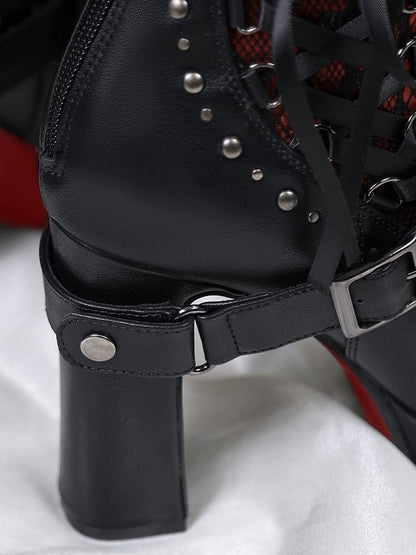 Gothic Studded High-Heel Boots with Red Sole - Lacy Bones