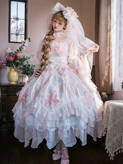 Ruffles Hanayome Light Dress Pink Version Accents with Layered Flowing JSK Lolita Rose Long