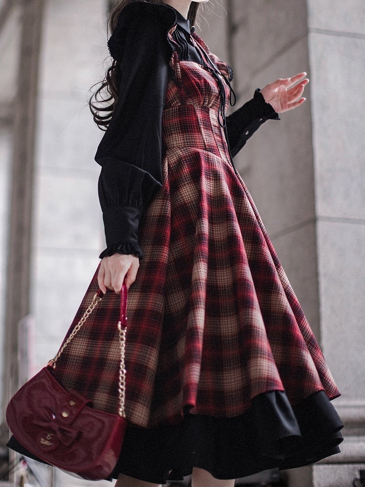 Kleid Plaid Muster Taille Lolita Rot Baskenmütze