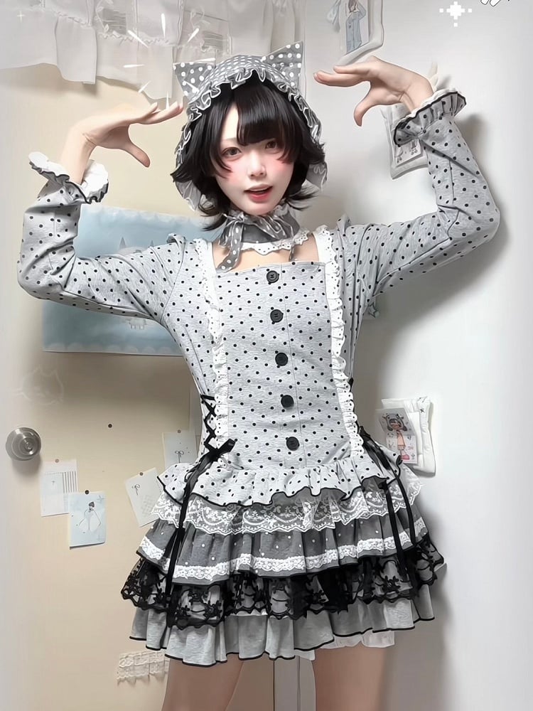 Dress Lace-Up Tiered Details Lace - Choker Polka-dot Skirt Grey Trim with Side