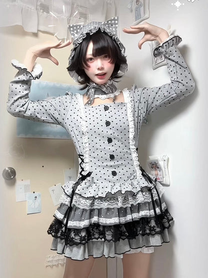 Dress Lace-Up Tiered Details Lace - Choker Polka-dot Skirt Grey Trim with Side