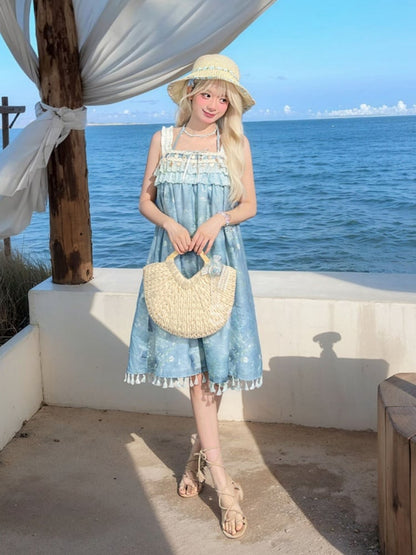 Dye Tie Charm Blue Sleeveless Dress Ruffles Bohemian Tassel Hem Shell Tiered