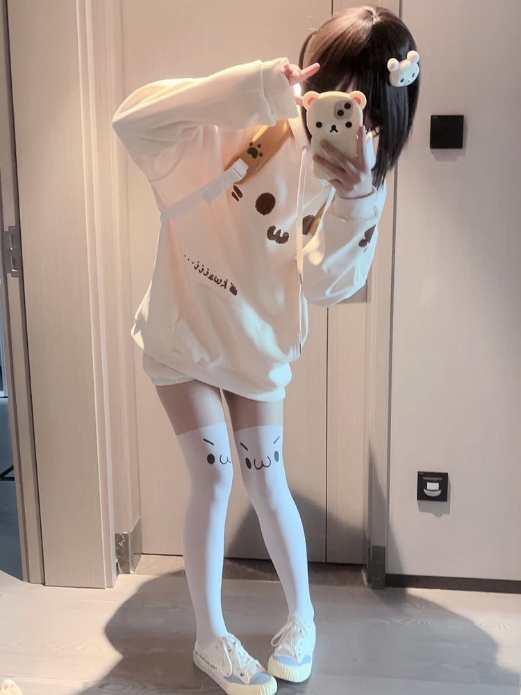 Hoodie Front Pouch with Themed Print Cat Pocket Off-white