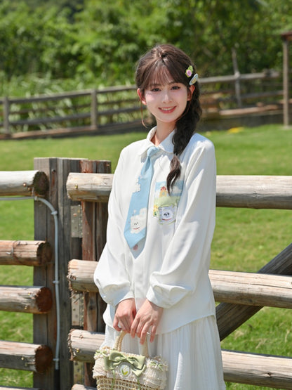 White Floral-Shaped Buttons Puppy Pattern Pocket Shirt with Tie