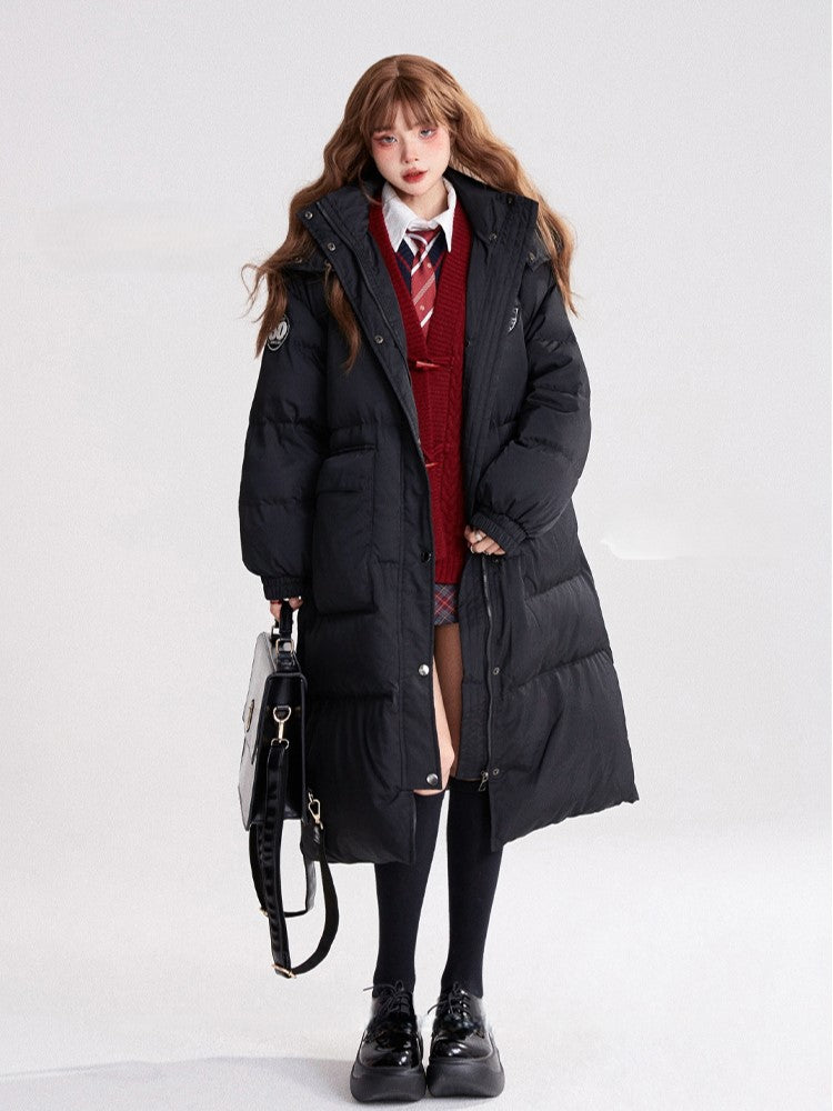 Mid-Length Preppy Mandarin Patches Black Coat Hooded with Badge Padded/Down Collar