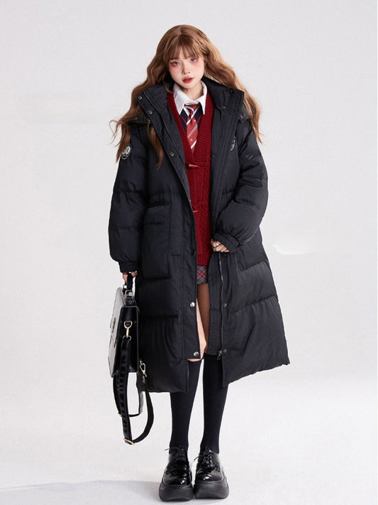 Mid-Length Preppy Mandarin Patches Black Coat Hooded with Badge Padded/Down Collar