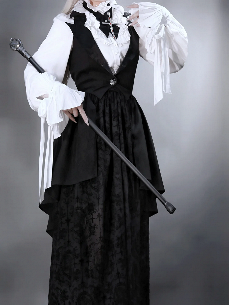 Lolita Shirt Komplett Schwarz und Weiß Gothic Rock Weste Set Lange Ärmel Elegant + -