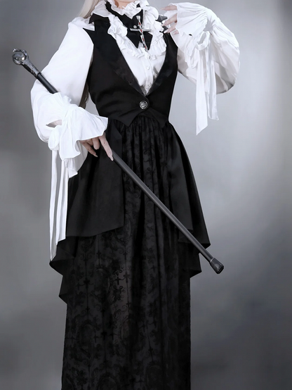 Lolita Shirt Komplett Schwarz und Weiß Gothic Rock Weste Set Lange Ärmel Elegant + -
