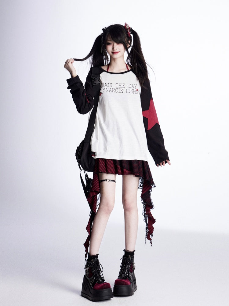 Lockere Oberteilärmel, schwarz-weißes Colorblock-Design, Sternapplikationen