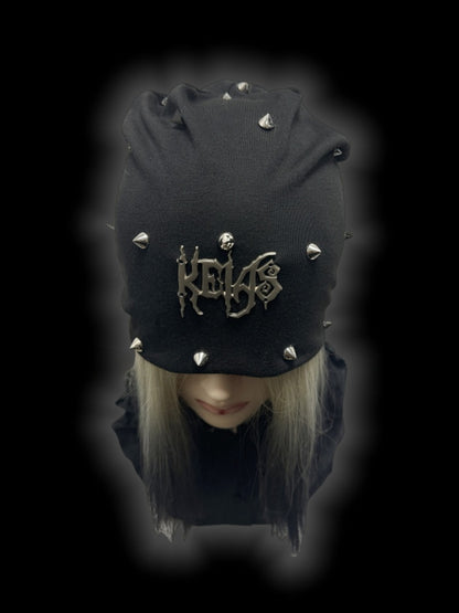 Y2K Schwarze Metallic-Buchstabendetails Nieten Punk Slouchy Beanie