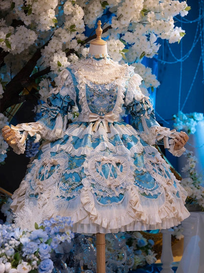 Floral Blue Edge with Hem Lolita Dress Print Scalloped Hime Lace