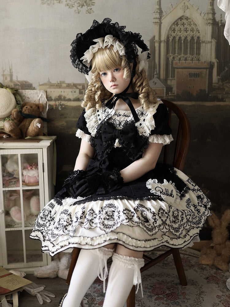 Dress Appliques Rabbit Lace-Trimmed Pattern Sweetheart Black Lolita Polka Sweet with Dot