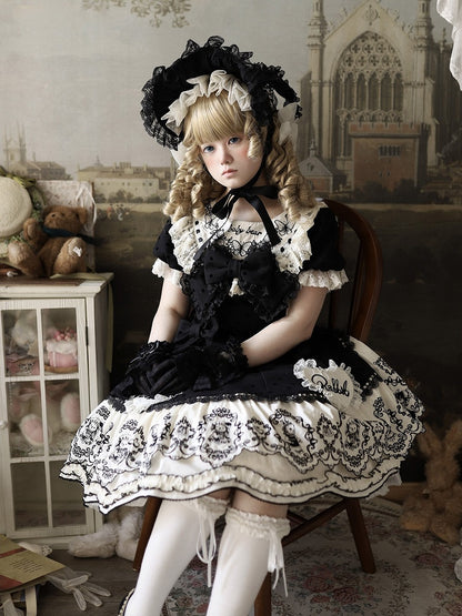 Dress Appliques Rabbit Lace-Trimmed Pattern Sweetheart Black Lolita Polka Sweet with Dot