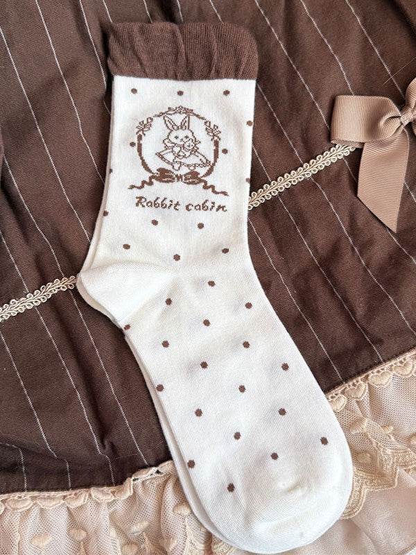 Polka-dot Mint Green/Pink/Black/Brown Print Stock Pattern Ruffled Bunny Calf Lolita