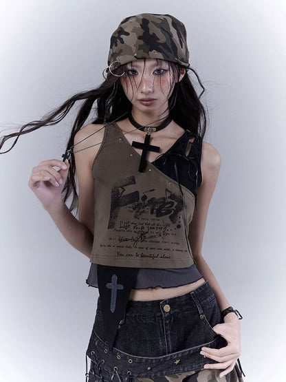 Grünes, geschnürtes Schulter- und asymmetrisches Saum-Tanktop Wasteland Punk Army