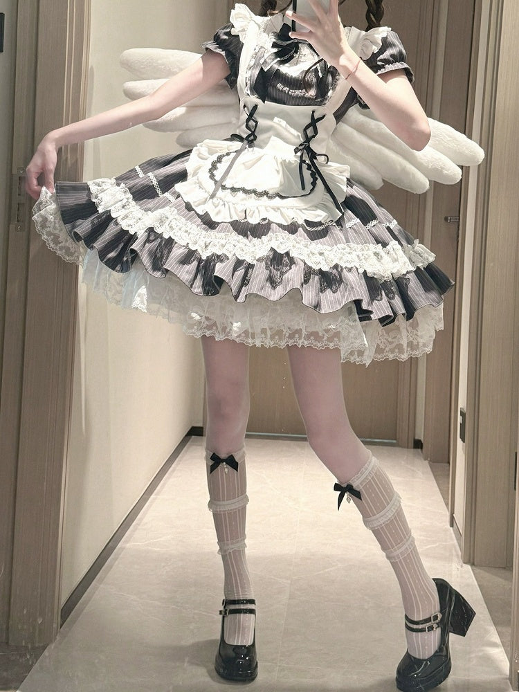 Gray Striped Lace OP Dress with Apron - Delusions Studio