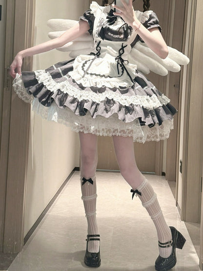 Gray Striped Lace OP Dress with Apron - Delusions Studio