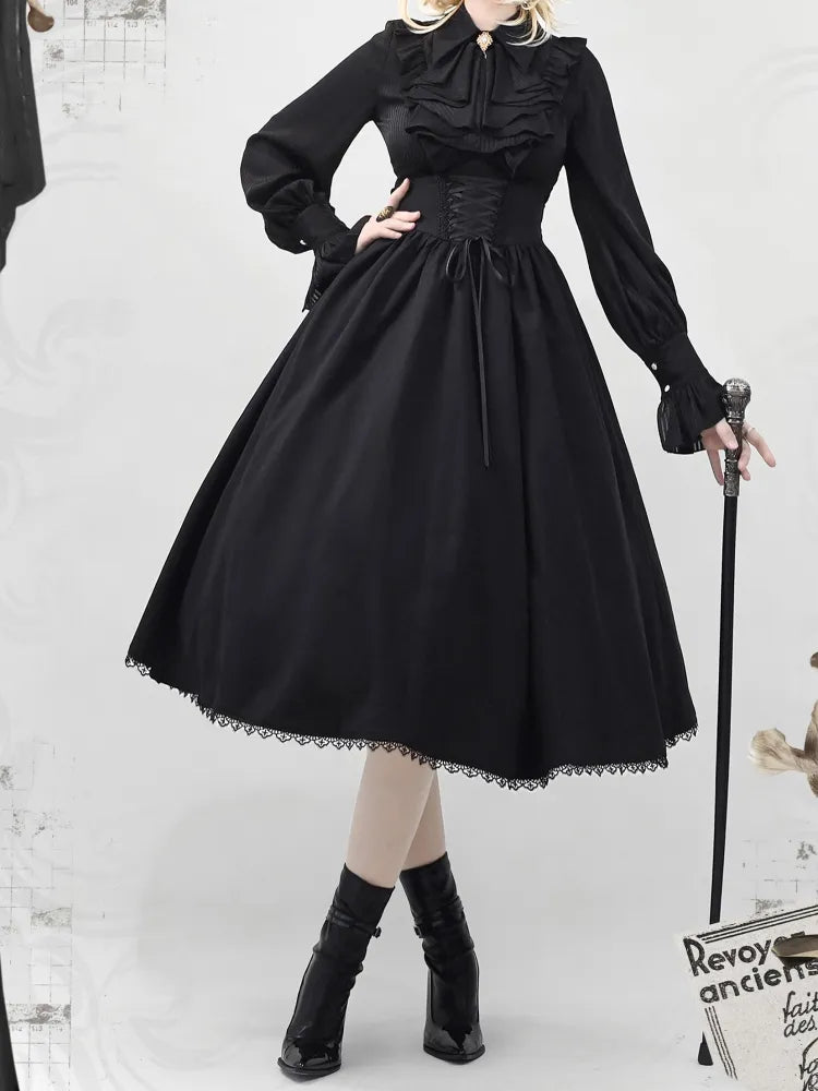 Schwarzer Lolita-Korsettrock mit entbeintem, elegantem Gürtel und hoher, wendbarer Taille