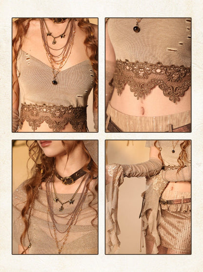 Distressed Brown Cami Top with Lace Edging - Virtual Orbit