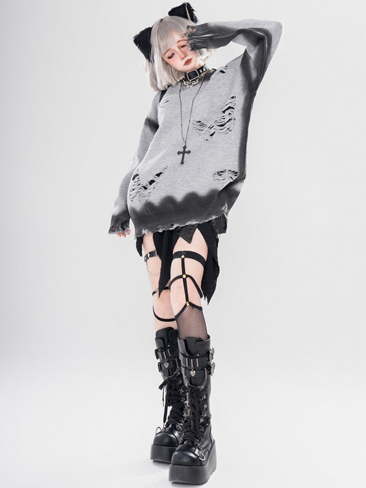 Y2K ブラック/グレー バタフライシェイプ ダメージ加工 ホールズ ラウンドネック セーター