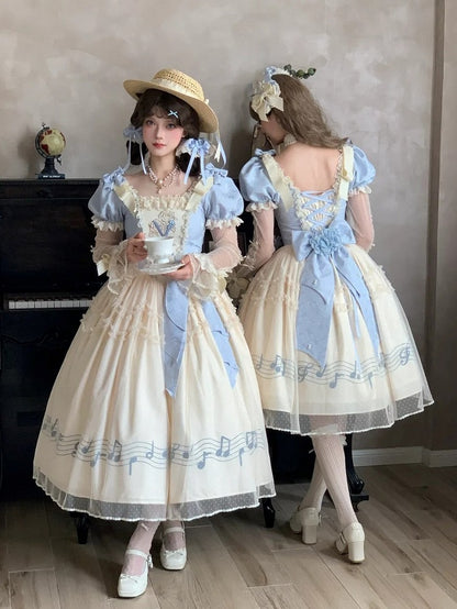 Dress Blue Version Print Lolita Elegant Note Beige Lace Violin Classic with Embroidery Long Musical