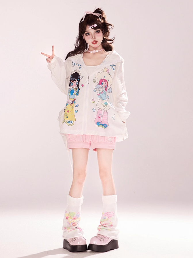 Zip-up Hooded Jacket Cartoon Girl Print White Y2K