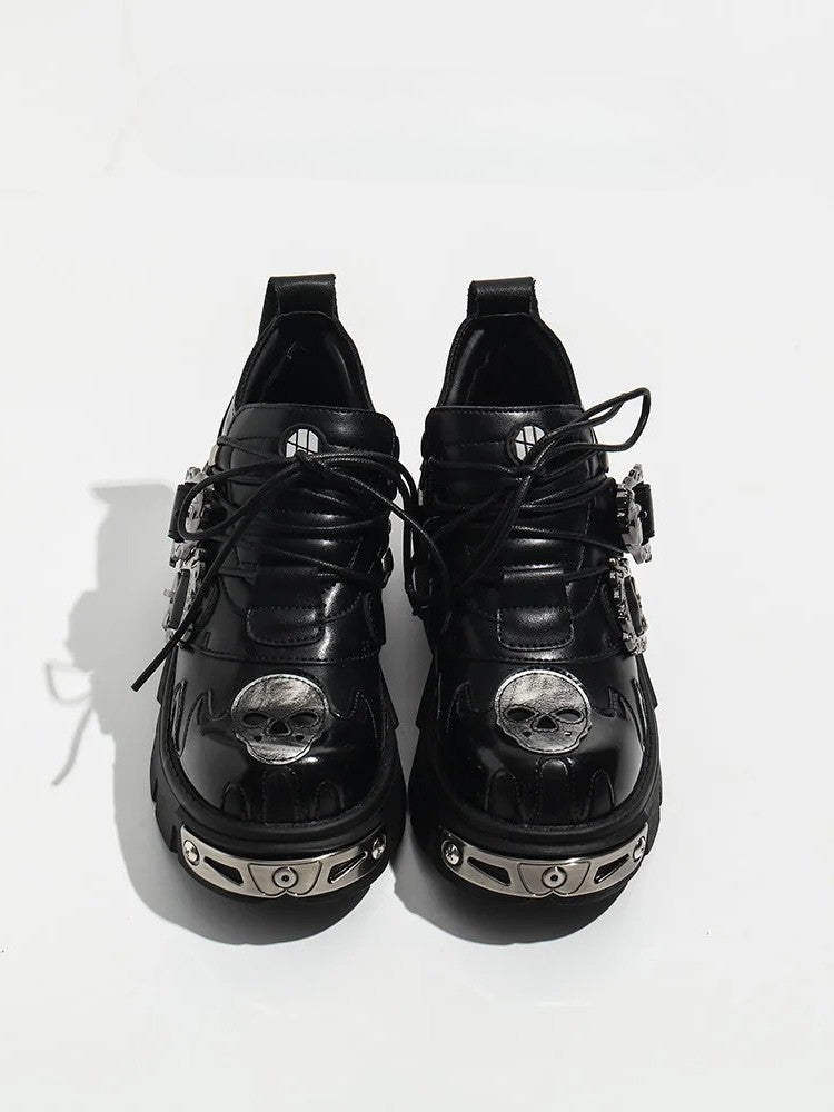 Flame with Shoes Lace-Up Detail And Closure Black Platform Punk - Buckles Skeleton Detailing