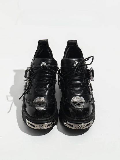 Flame with Shoes Lace-Up Detail And Closure Black Platform Punk - Buckles Skeleton Detailing