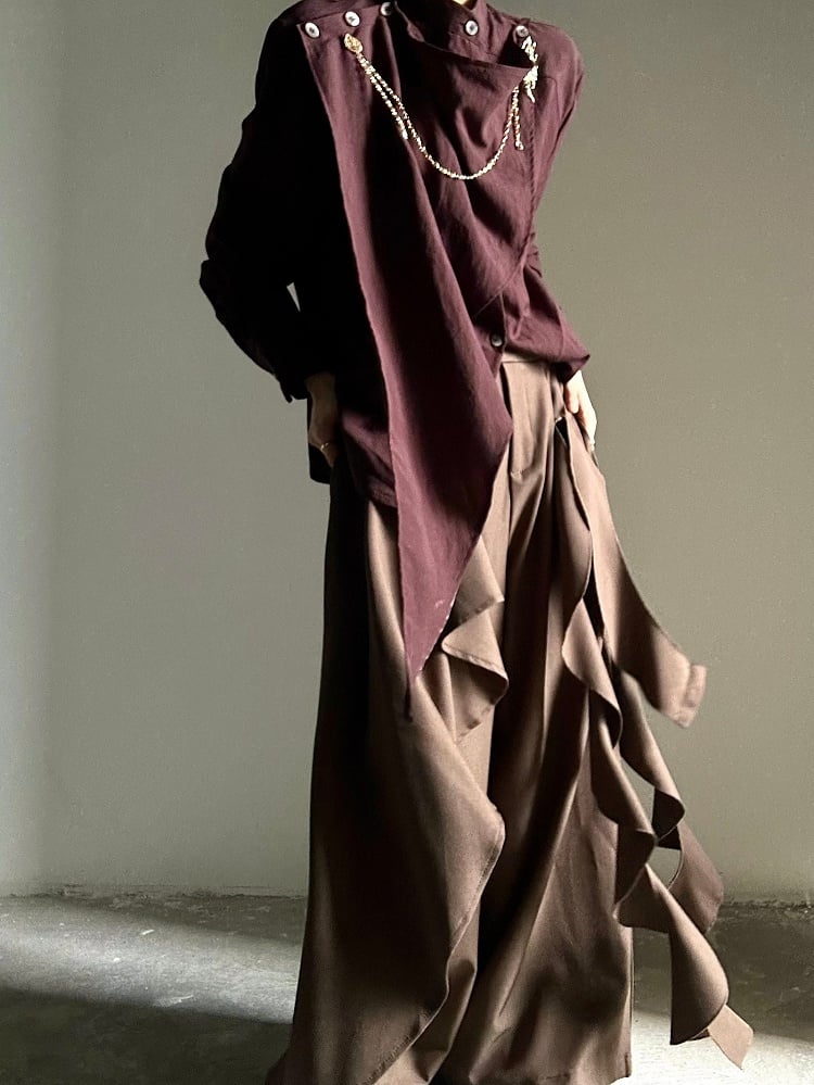 Fastening Button Pants Style Zip Ruffles Cascading Ornate Functional in Princely with Wide-leg Brown