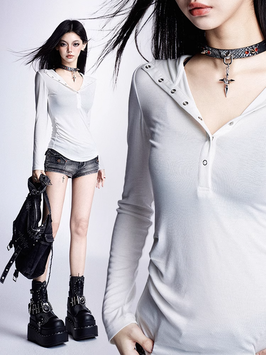 Snap Placket Neckline Sun Protection Hooded Top White Partial