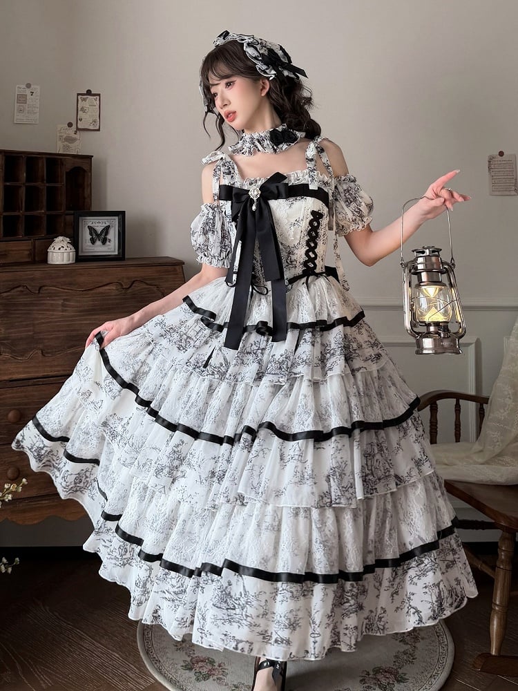 Elegant Hanayome-Style Black & White Porcelain-Inspired 120CM-Length Lolita Princess Dress - Sleepless Star