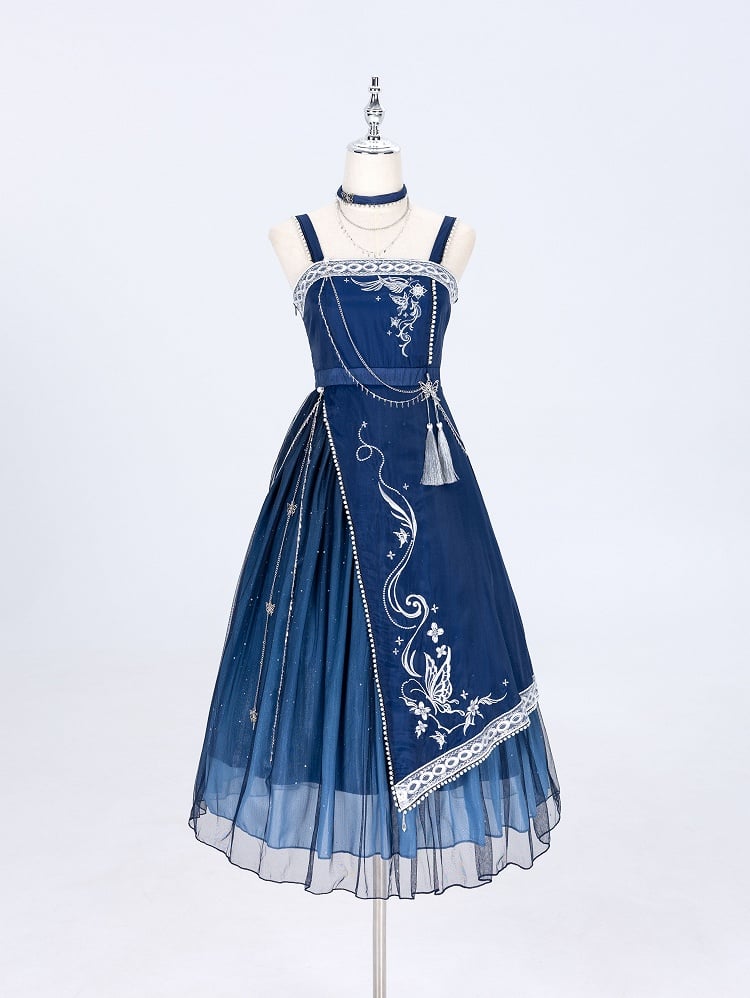Night + Blue Embroidery Dress Long Dark Butterfly Starry Dreamy