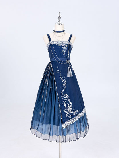 Long Night Dreamy Embroidery Chains Starry Set Blue Cloak with Butterfly + Dress Dark
