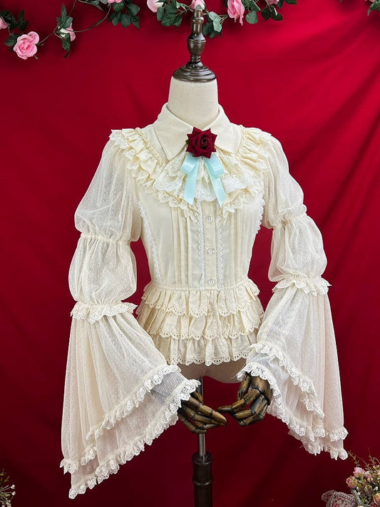 Apricot Bell Sleeves Tiered Scalloped Eyelet Trim Hemline Blouse with Lace Jabot Tie