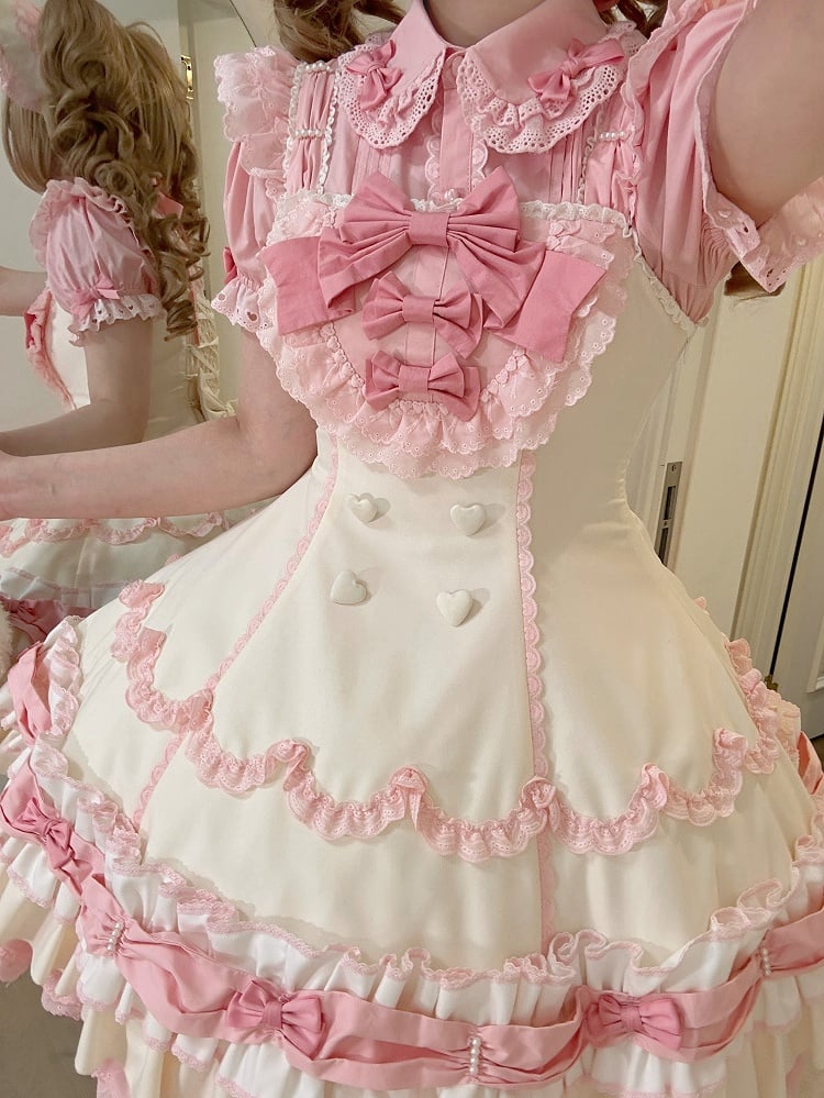 Pink Yellow Sweet Hemline Bows Ruffle Decorated Old Layered and