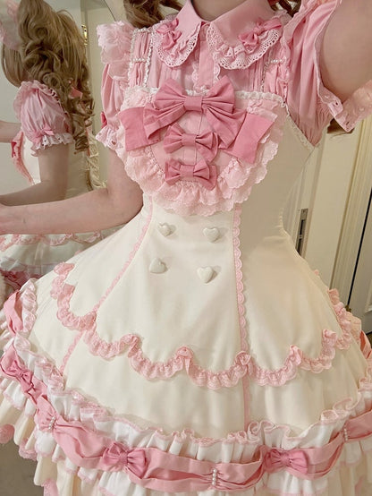 Pink Yellow Sweet Hemline Bows Ruffle Decorated Old Layered and