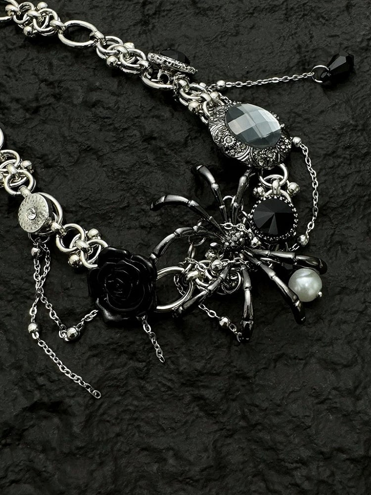 Gothic Silver Spider Choker with Floral Rhinestones - YSHXS