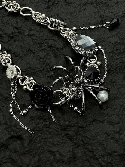 Gothic Silver Spider Choker with Floral Rhinestones - YSHXS